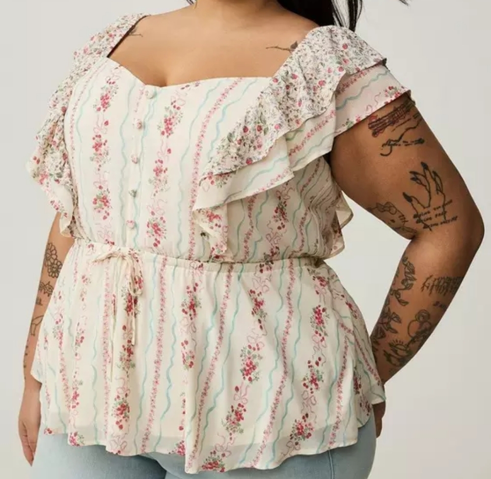 Torrid Ruffle Cinched Floral & Bow Print Cutesy Coquette Blouse, Size 2X, EUC!